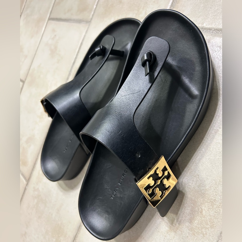 Tory Burch Black Sandals with Gold Emblem